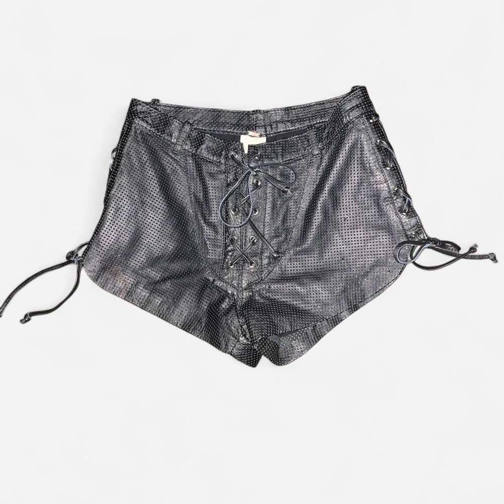 Free People black genuine leather perforated corset micro shorts with lace up